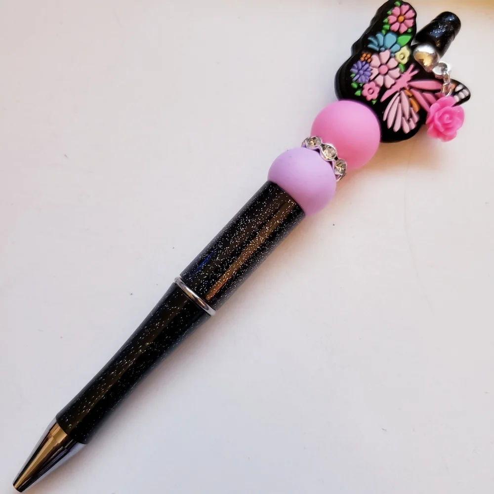 Handmade Pink Flower Butterfly Beaded Silicone Focal Bead Pen